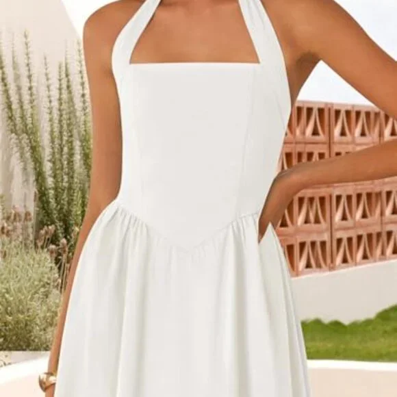 Sleeveless Halter Midi Dress Off Shoulder High Waist Flowy Beach Wedding  Guest